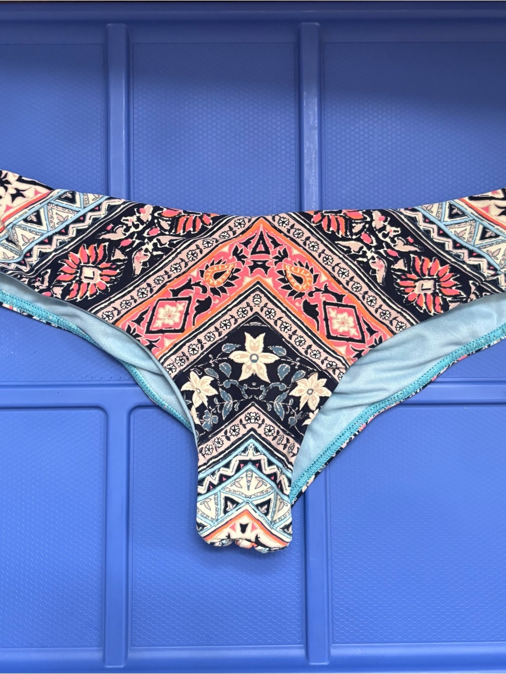Billabong Floral Geometric Bikini Bottom in Black, Coral & Light Blue